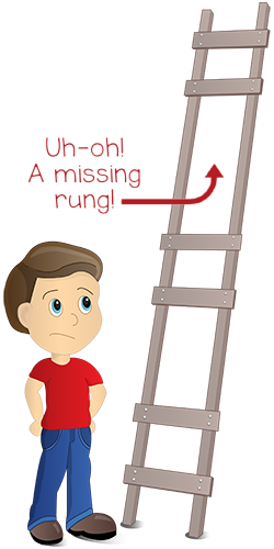 Confused cartoon boy looking at ladder with missing rungs