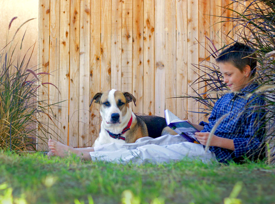 boy reading with his dog