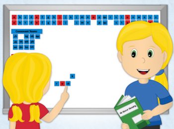 cartoon child building a word with letter tiles