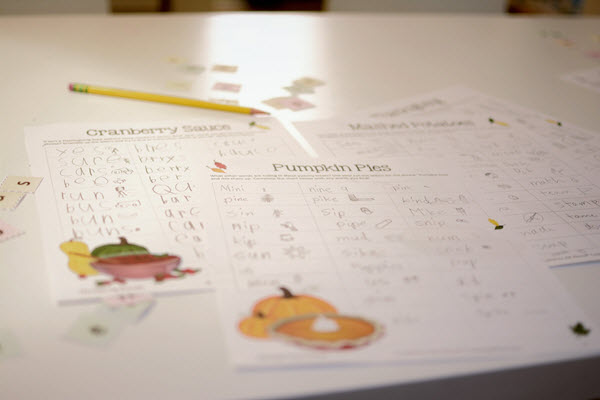completed words sheets for Thanksgiving Scramble