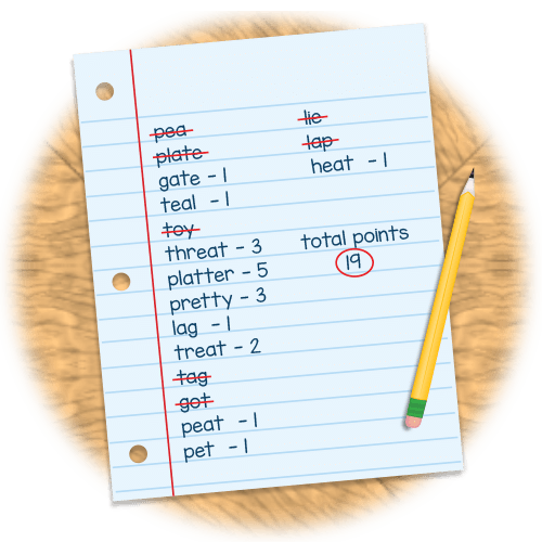 Boggle game score sheet