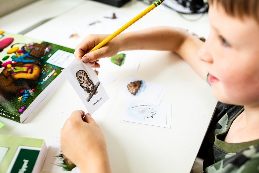 Boy holding a flashcard with an illustration of an owl